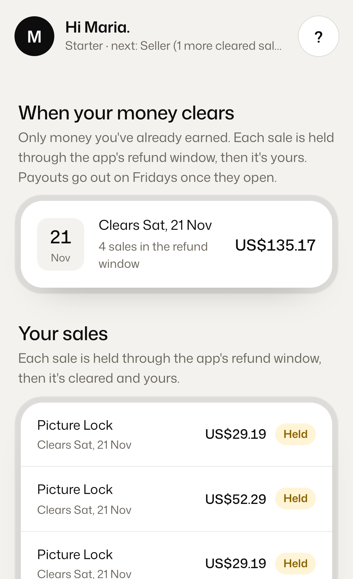 Money in the seller app
